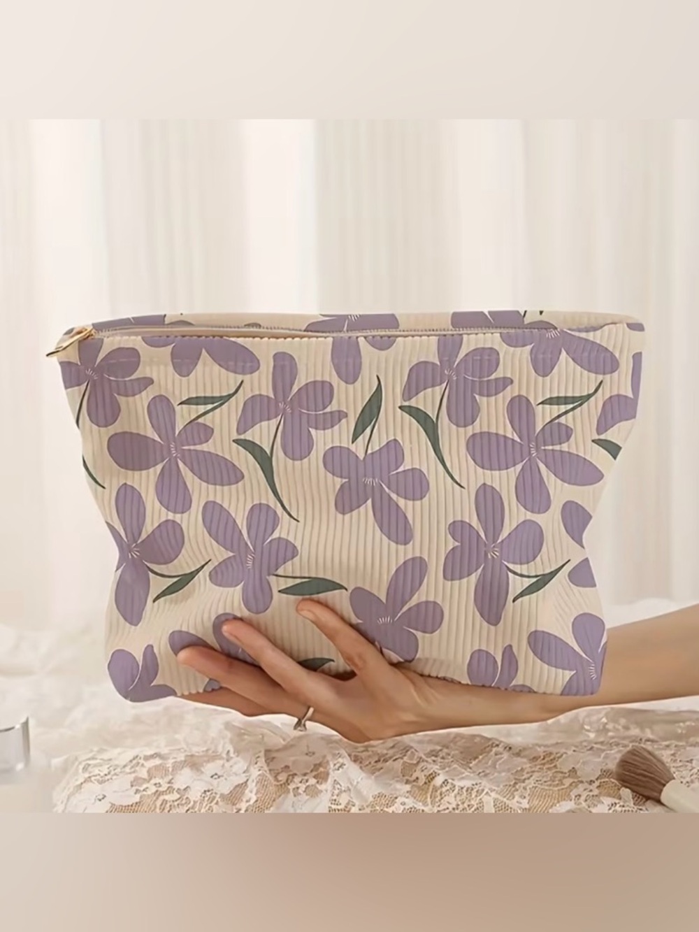 NEW Floral Corduroy Makeup Bag Cosmetic Travel Pouch Zip Clutch Purple